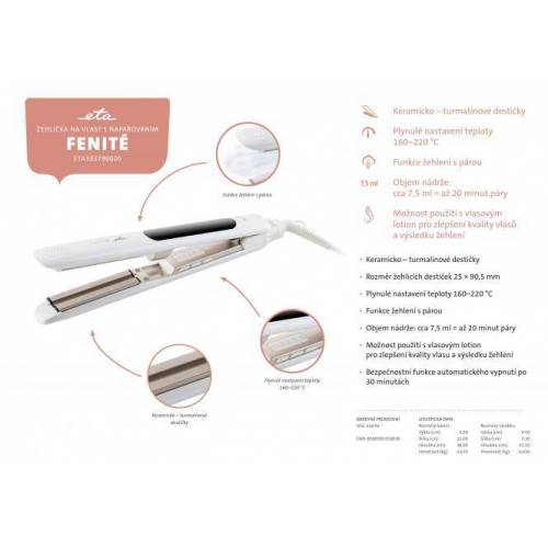 Eta Plaukų tiesintuvas ETA333790000 FENITE su keramikinėmis plokštelėmis ir garų funkcija 39,00 EUR Eta Plaukų tiesintuvas ETA333790000 FENITE su keramikinėmis plokštelėmis ir garų funkcija 39,00 EUR