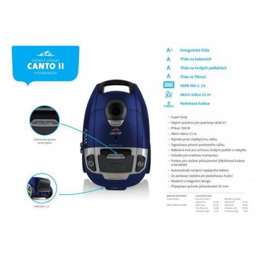 Eta A+AAA klasių dulkių siurblys ETA149290020 Canto II, t.mėlynas 120,99 EUR Eta A+AAA klasių dulkių siurblys ETA149290020 Canto II, t.mėlynas 120,99 EUR