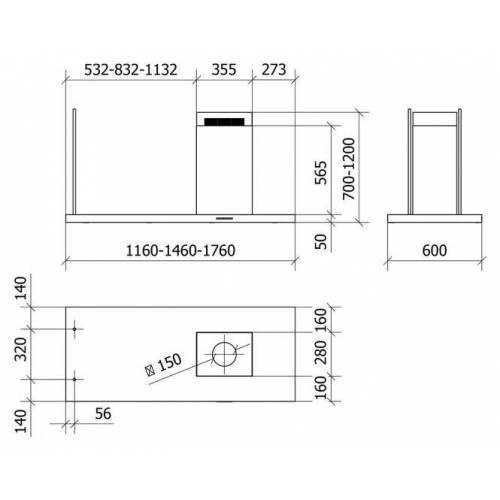 Baraldi Erdvinis juodos spalvos T formos gartraukis su aikštele Baraldi ELEA Island 116x60cm 800m3/h 1,160.00