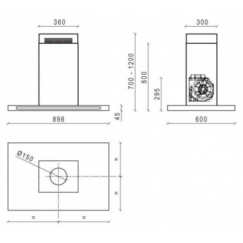Baraldi Erdvinis ner.plieno/juodo stiklo T formos gartraukis Baraldi LUMINA Island 90x60cm 700m3/h 1,050.00
