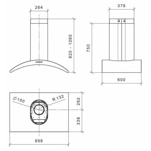 Baraldi Erdvinis juodai dažytas su stiklo intarpu pusmėnulio formos gartraukis Baraldi ARCADIA Island 90*60 cm 700m3/h 1,150.00