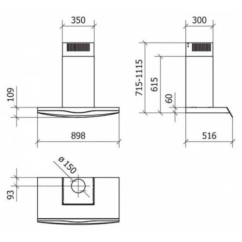 Baraldi Ner.plieno/juodo stiklo T formos montuojamas prie sienos gartraukis Baraldi SUITES Wall 90cm 700m3/h 495,00 EUR