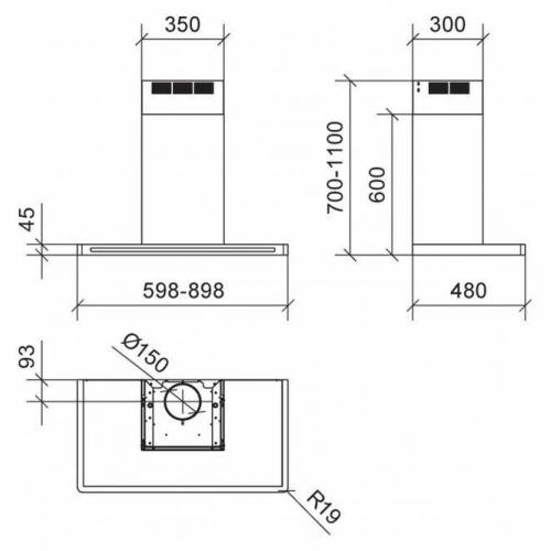 Baraldi Ner.plieno/juodo stiklo T formos montuojamas prie sienos gartraukis Baraldi TECNA Wall 90cm 700m3/h 845,00 EUR