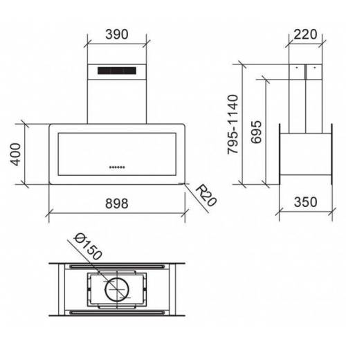 Baraldi Ner.plieno/stiklo T formos prie sienos montuojamas gartraukis  Baraldi METROPOLIS PARETE wall 90cm 700m3/h 629,00 EUR