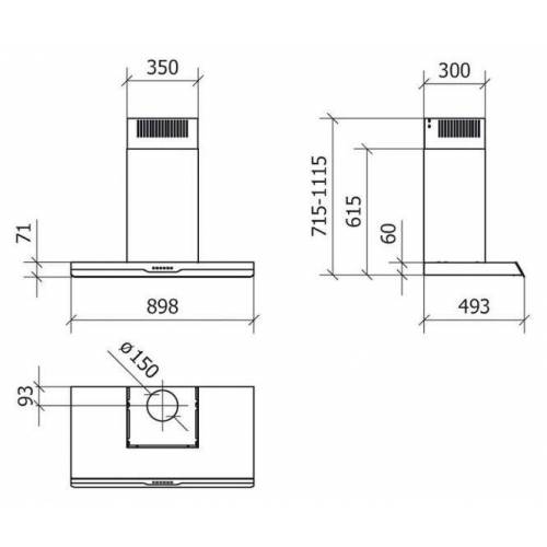 Baraldi Ner.plieno/juodo stiklo T formos montuojamas prie sienos gartraukis Baraldi ELISE Wall 90cm 700m3/h 620,00 EUR