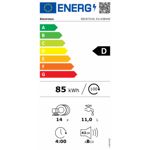 ELECTROLUX 60 cm. pločio įmontuojama indaplovė Electrolux EEC87315L 1,029.00